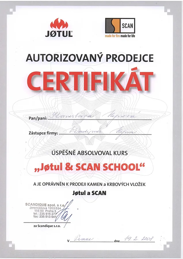 Certifikát autorizovaného prodejce značek Jotul a SCAN