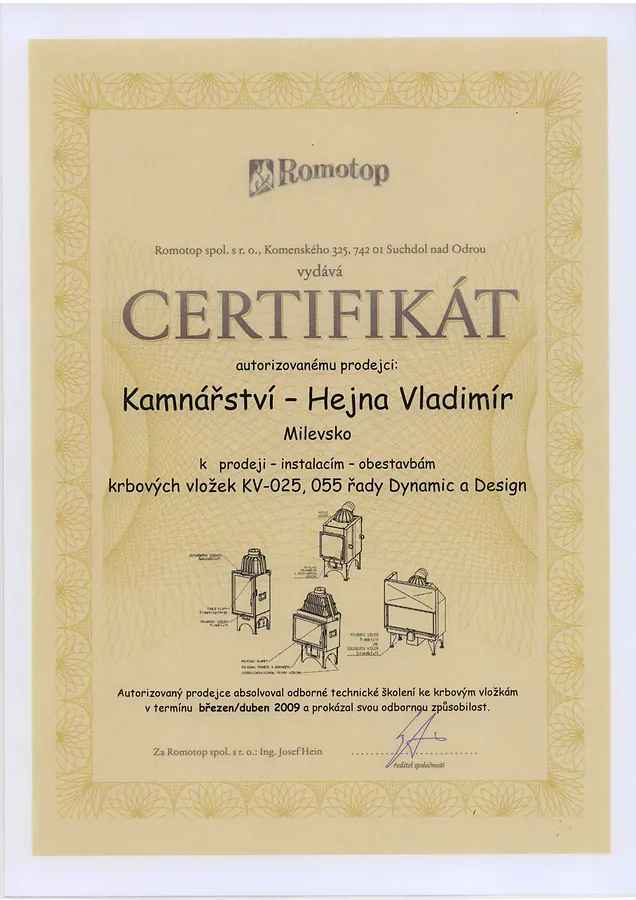 Certifikát autorizované prodejny Romotop vystavený na kamnářství Hejna