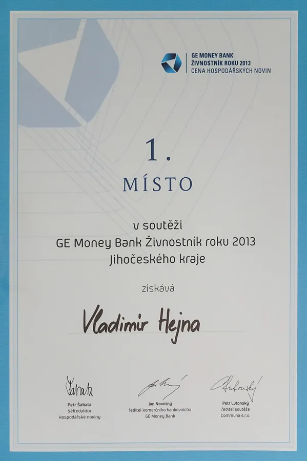Diplom za 1. místo v soutěži GE Money Bank Živnostník roku 2013 Jihočeského kraje